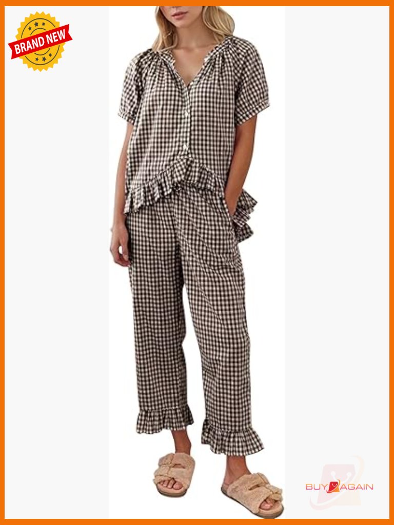 2 Piece Cotton Pajama Set Button Down Ruffle